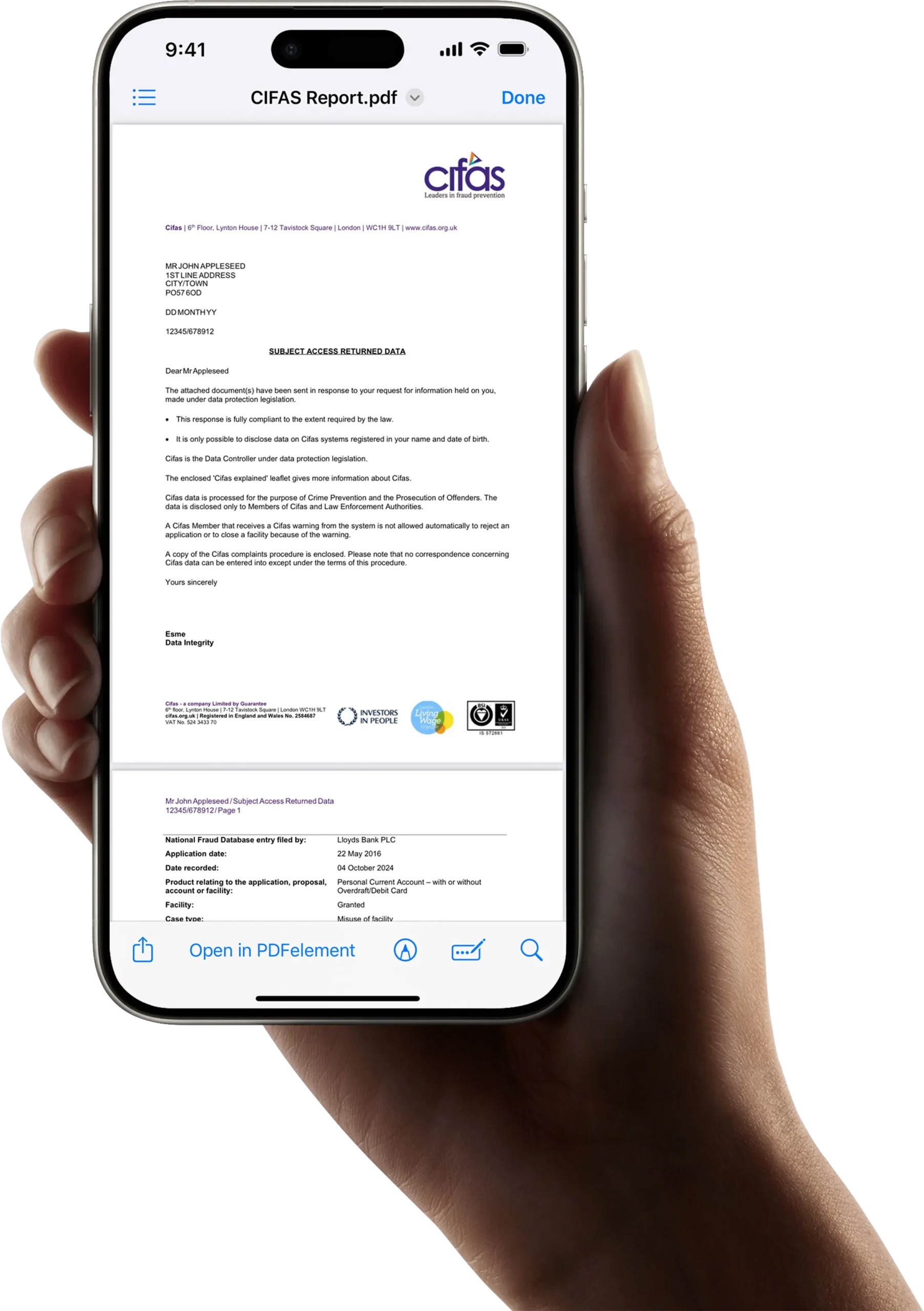 CIFAS report PDF showing National Fraud Database markers and Subject Access Returned Data; upload your report to ADVICIFAS Pro to start challenging your markers
