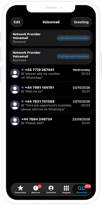 An iPhone voicemail list of calls from UK mobile numbers: "please add my number on WhatsApp", "Add me on", "Time job opportunity available, please add me on WhatsApp" and "Please add"