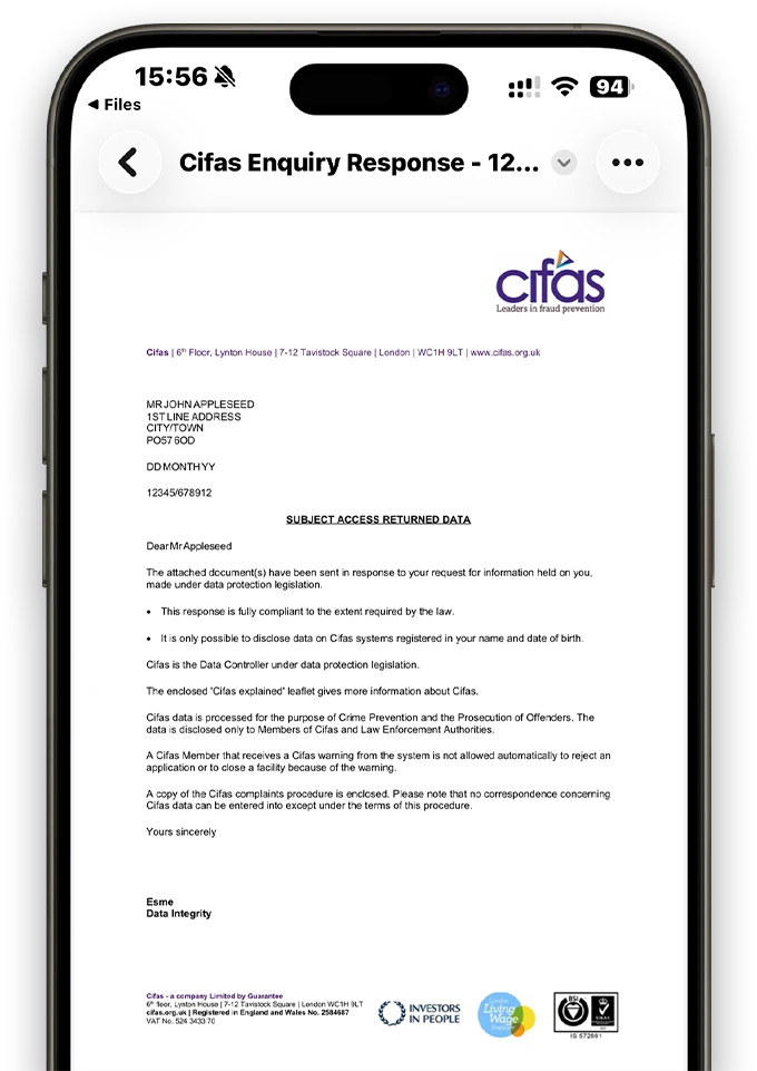 CIFAS Subject Access Request response letter showing fraud marker data returned to an applicant