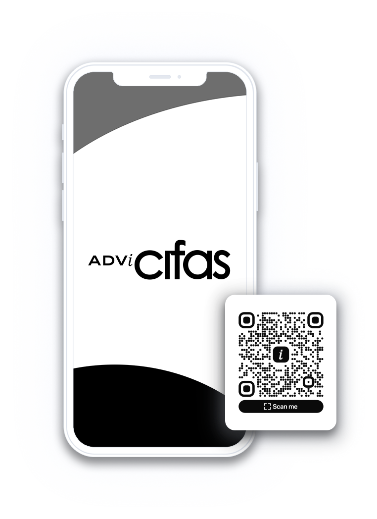 Register for the ADVICIFAS Client Portal: the portal on an iPhone, with a QR code to scan