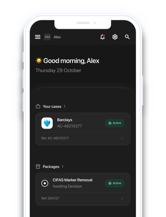 The ADVICIFAS Client Portal's dashboard on a phone: a greeting, the client's case with the institution's logo, and their package and the step it is on