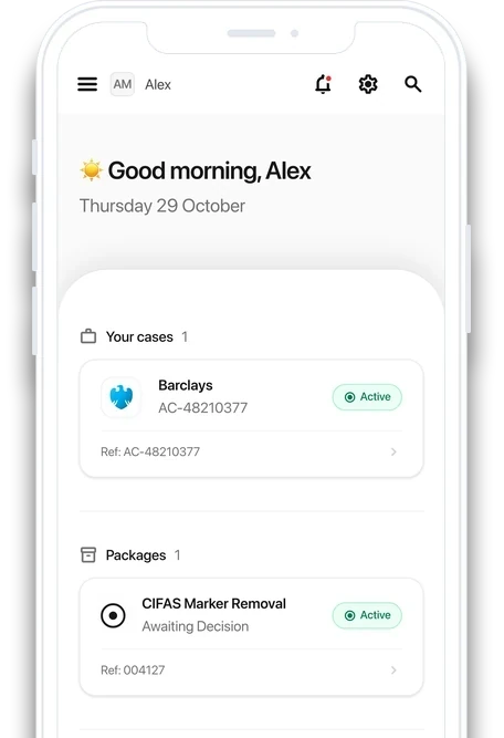 The ADVICIFAS Client Portal's dashboard on a phone: a greeting, the client's case with the institution's logo, and their package and the step it is on