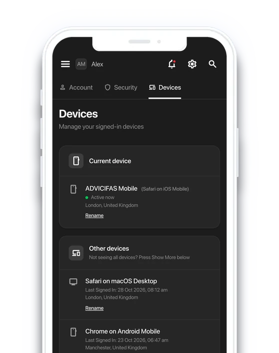 The Client Portal's Devices tab on a phone, listing the current device and other signed-in devices