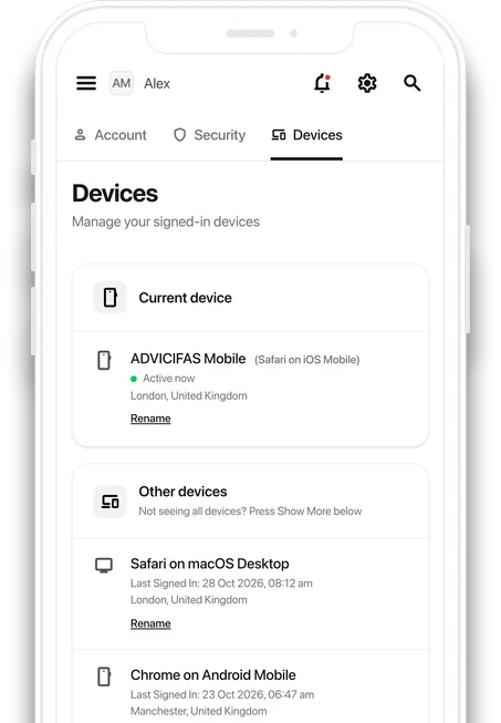 The Client Portal's Devices tab on a phone, listing the current device and other signed-in devices