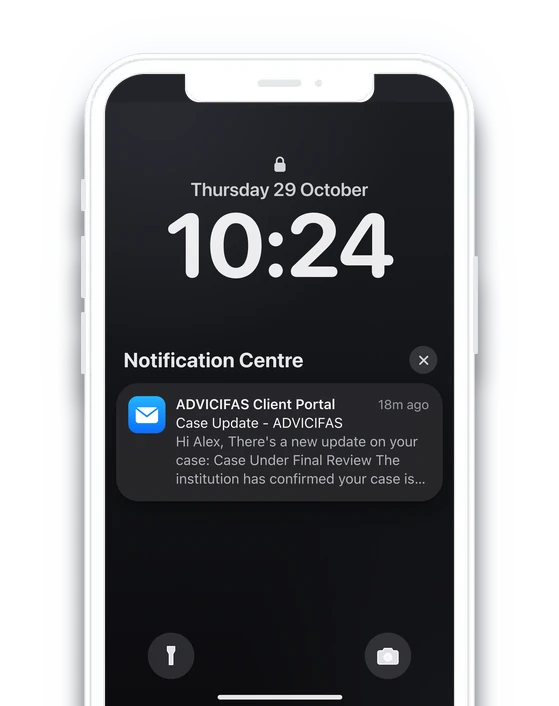 A Client Portal email on a phone's lock screen, saying there's a new update on the case