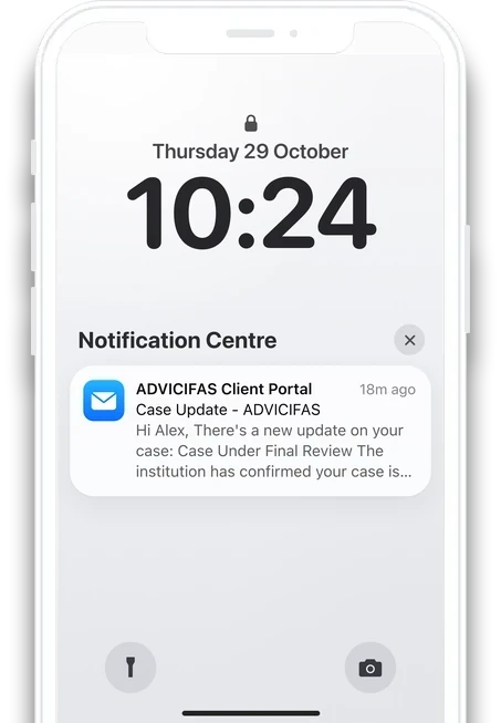 A Client Portal email on a phone's lock screen, saying there's a new update on the case