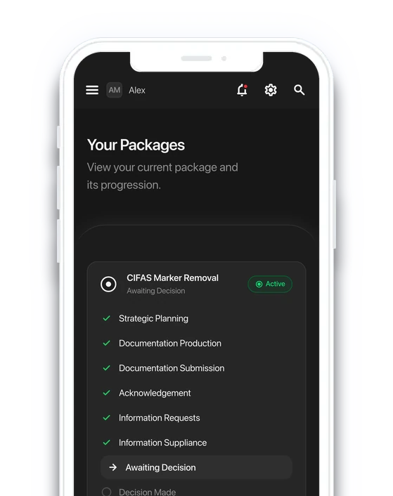 The Client Portal on a phone, showing a package's steps: the ones completed, the step it is on now and the one still to come