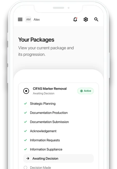 The Client Portal on a phone, showing a package's steps: the ones completed, the step it is on now and the one still to come