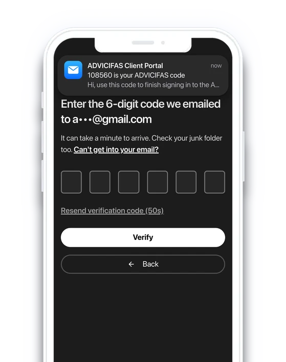 The Client Portal on a phone, asking for the 6-digit two-factor code sent by email, with the code email's notification at the top
