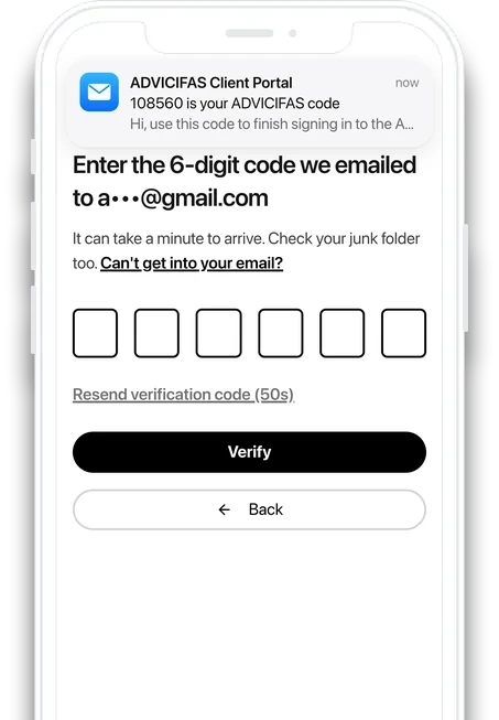 The Client Portal on a phone, asking for the 6-digit two-factor code sent by email, with the code email's notification at the top