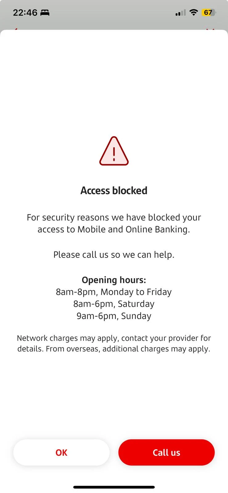 Santander mobile app showing account access blocked