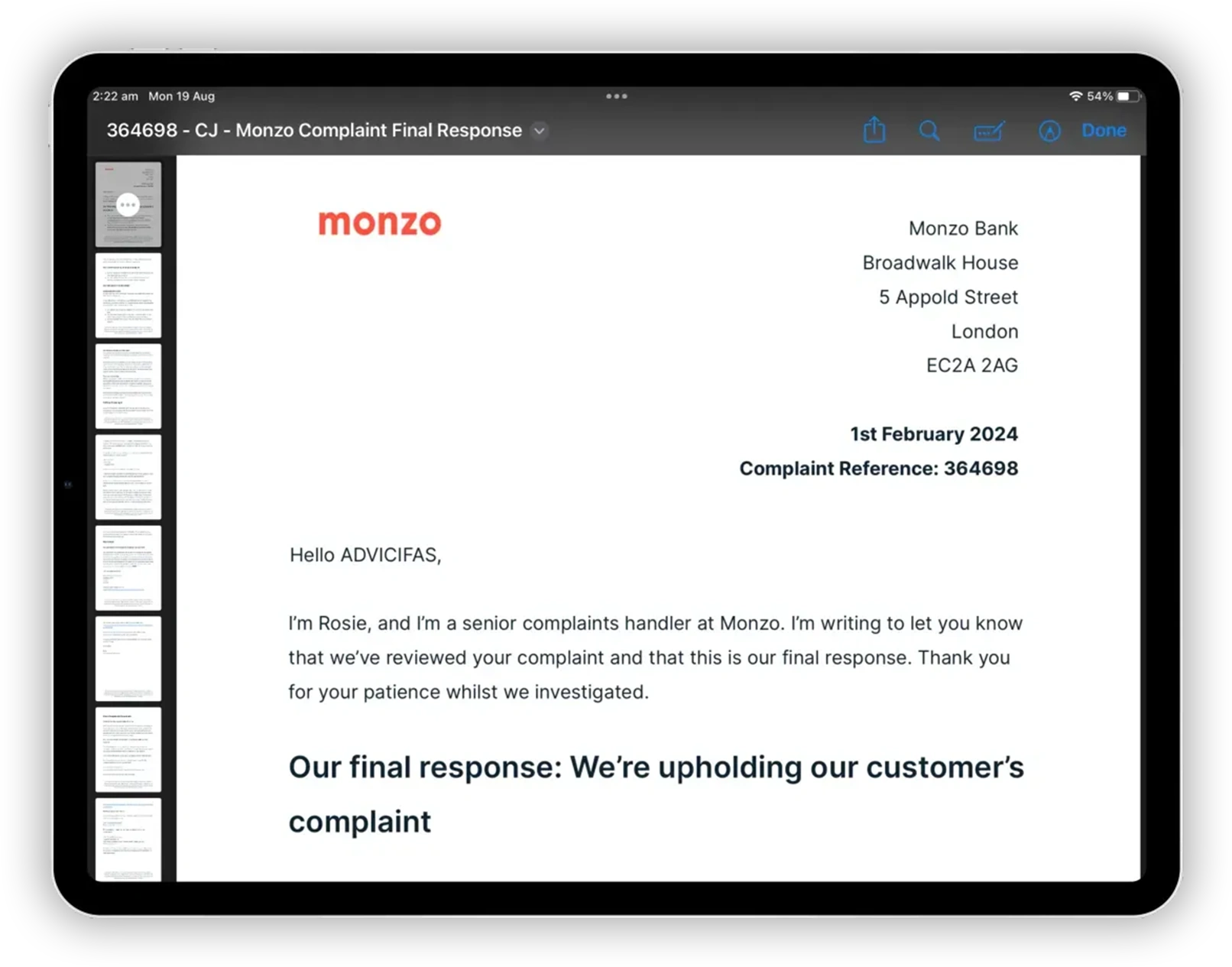 ADVICIFAS Pro result: Monzo Bank Final Response Letter confirming CIFAS marker removal, showing complaint upheld and marker removed from customer's credit file