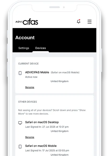 Mockup Smartphone image of the ADVICIFAS Client Portal Account Settings