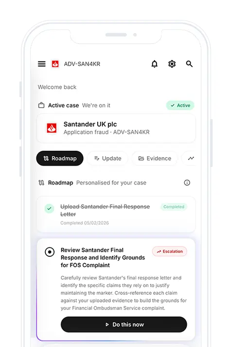 ADVICIFAS member dashboard showing CIFAS report analysis, case roadmap, and letter generation tools